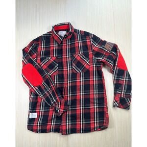 Rocawear Flannel Shirt Mens Large Red Blue Plaid‎ Patch Sleeve Pockets Button-Up